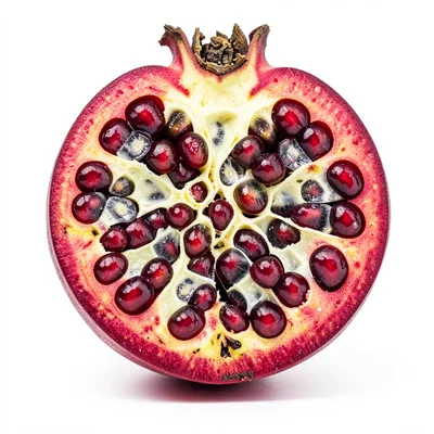 Cross-section of a rotting pomegranate, seeds in various stages of decay, clinic