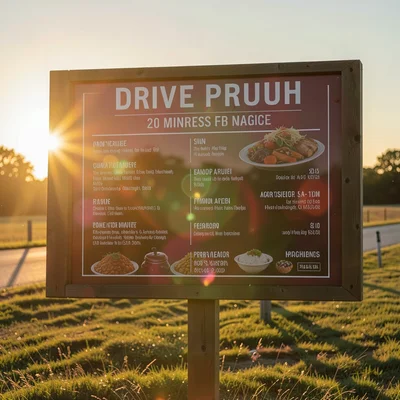 A drive-through menu board rim-lit by magic hour sun