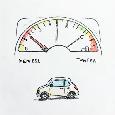 A doodle dashboard: speedometer, fuel gauge, temperature, with a tiny car at the