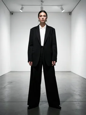 Model in oversized blazer and wide-leg trousers, standing in an empty white gall