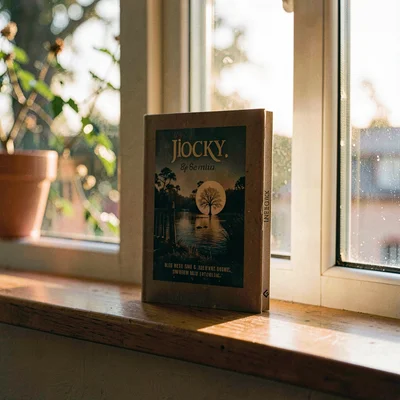 Vertical photo of a single zine standing upright on a windowsill, golden hour