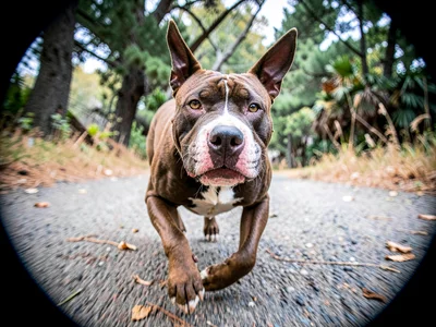 Pit bull running directly at camera, nose enormous and comical, ears and body st