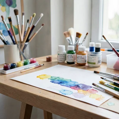 Papercraft scene of a paper-cut studio with layered watercolor supplies on a pap