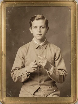 Young man in his Sunday clothes, hands awkward, trying to hold still, slight mov