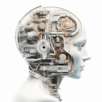 3D plastilina robot brain assembly tools on clean whi