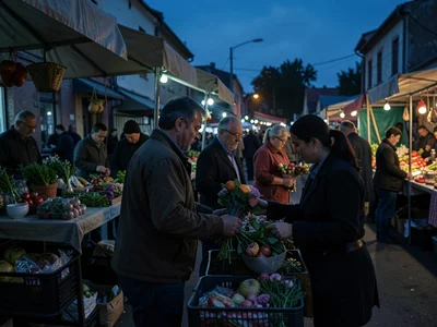 An outdoor market in the final minutes of blue hour, vendors packing up, one buy