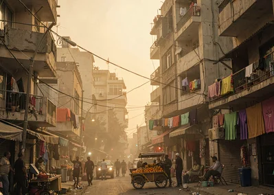 Dusty golden Cairo haze compressing apartment layers, street vendor cart with or