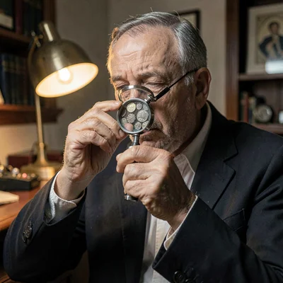 Atmospheric portrait of a numismatist examining a coin under a loupe, single war