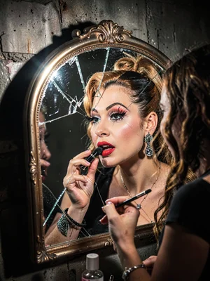 Drag queen applying lipstick in a cracked mirror, competing light sources making