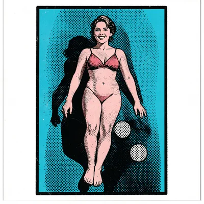 Sunbather on a towel viewed from above, flat skin, halftone shadow on towel