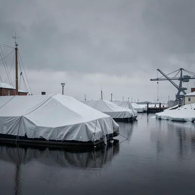 Stark Baltic minimalism, contemplative mood, Harbor in winter with boats wrapped