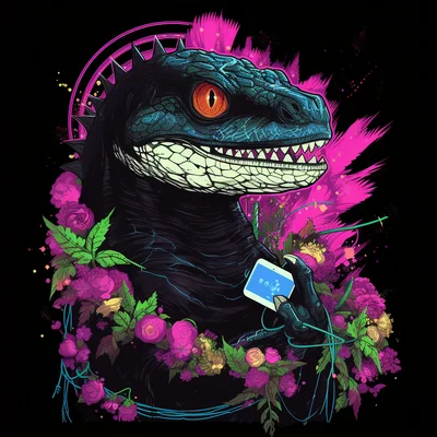Black tee design detail stern EcoGodzilla hugging cur