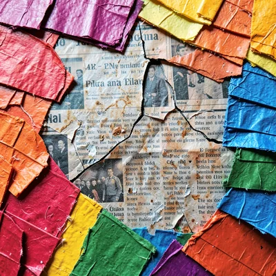 Close-up of painted papier-mâché surface with cracked paint revealing the newspa