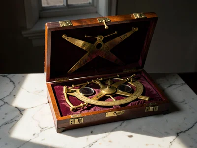 Sextant in Open Mahogany Case Overhead View