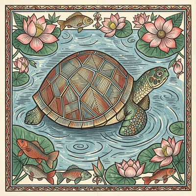 A turtle moving through water lilies — shell pattern filled with geometric hatch