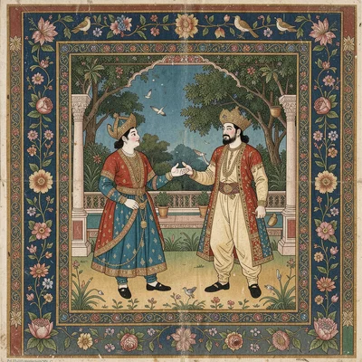 Two court figures in a garden, one gesturing, floral ground border on all sides