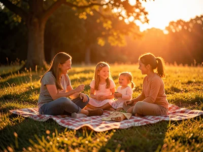 Family picnic in late afternoon light