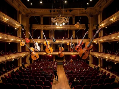 Musical instruments floating in orchestra arrangement, no musicians, concert hal