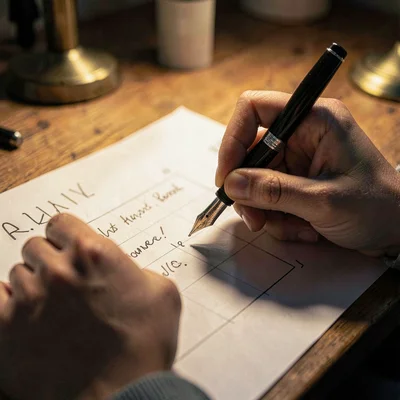 Hands writing notes on a paper chart with a fountain pen, lamplight raking acros