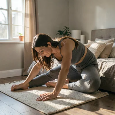 Soft natural light photograph, Morning stretching routine in bedroom, gentle mov