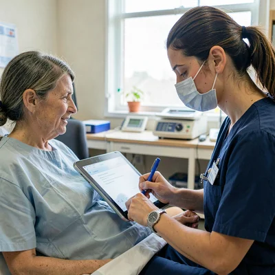 Documentary photography, unposed moment, Healthcare worker taking notes on table