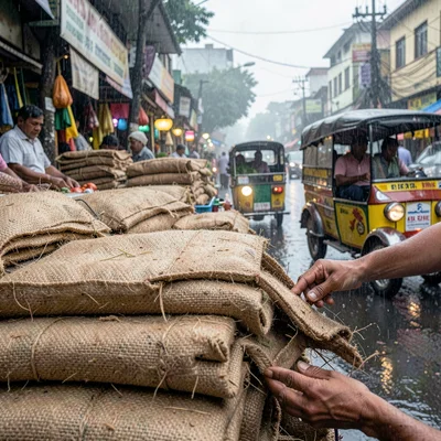 Kinetic density of Dhaka, Bangladesh, Stack of folded jute sacks in market, roug