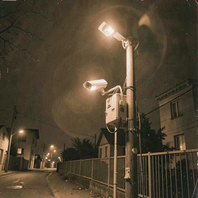 Security camera mounted on pole, sodium vapor halo, surveillance equipment