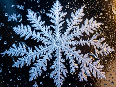 Melting frost, crystals dissolving at edges creating lace-like pattern of remain