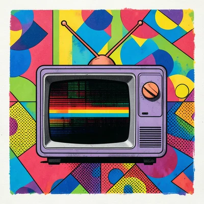 A vintage television set with test-bar colored static on screen, the TV body in 