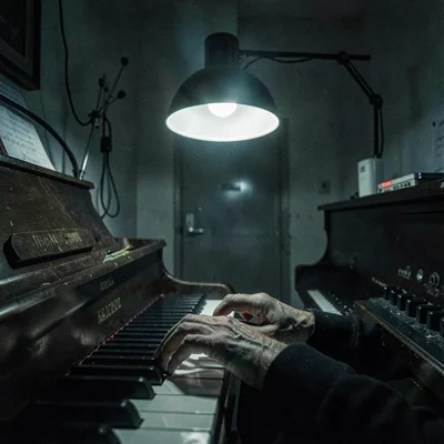 Late-night detail of a piano keyboard glowing under a single hooded lamp, hands 