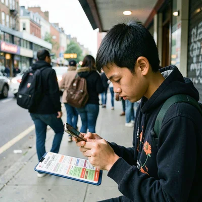 Documentary photography, unposed moment, Student reviewing flashcards on phone d