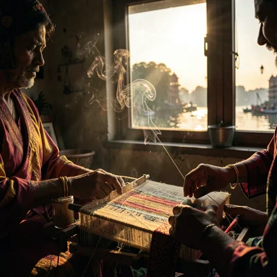 Sacred smoke catching golden Ganges light in Varanasi, Silk weaver's hands worki