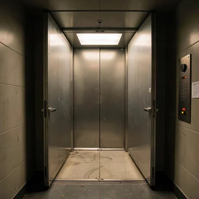 Empty elevator shaft viewed from inside through open doors