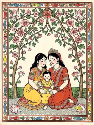 Mother and child — seated together beneath a canopy of vines and blossoms