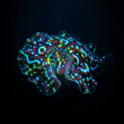 Cuttlefish displaying hypnotic color patterns, iridescent skin, dark background