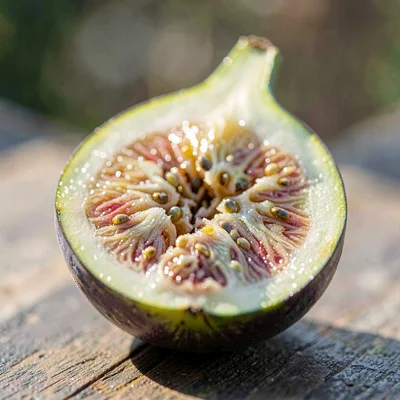 Macro of a single fresh fig sliced open, sidelight catching the seeds