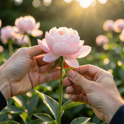 Close-up of hands holding single stem peony, soft pink petals, gift gesture