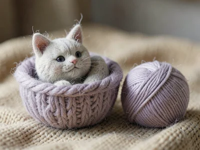Cat in felted wool curled in a knit bowl beside a yarn ball of muted lavender on