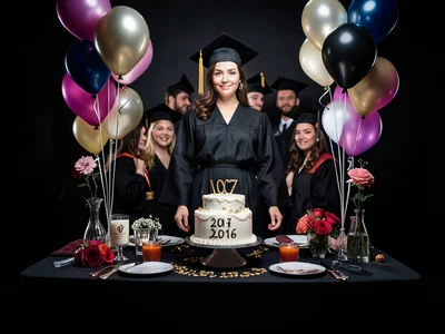 Graduation party table with cake, balloons, class of 2026 decorations