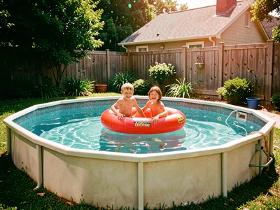 Backyard above-ground pool, kids on inflatable raft, Kodachrome saturated reds a