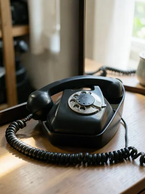 Bakelite handset resting in cradle, coiled cord stretching out of frame