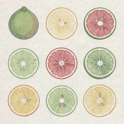 Citrus cross-section slices — yuzu and sudachi — arranged in a grid