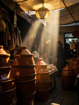 Ceramic tagines stacked in shadow, single shaft of light catching glazed lid edg