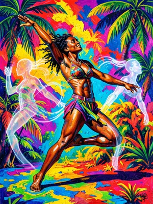 Dance pose frozen mid-motion with RGB channel separation, trailing ghost images