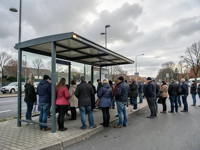 People waiting at a bus stop under overcast sky, all equally lit, all equally wa