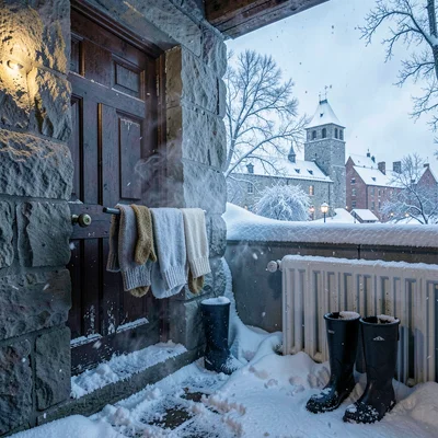 Quebec winter heritage, walled city under snow, Wool mittens drying on a radiato