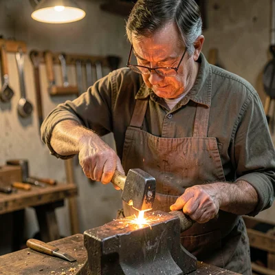 Lamp-lit artisan portrait of a tool maker hammering a glowing trowel head on the
