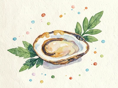 Gouache rendering of a single oyster on a sprig of green herb, opaque pigment pu