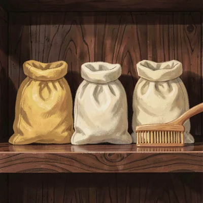 Three folded sacks lined on a deep walnut shelf, graduated by yellow tone, warm