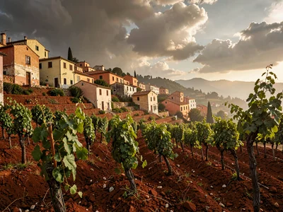 Post-rain terraced vineyard with deeply saturated red-brown soil, vines crisp gr
